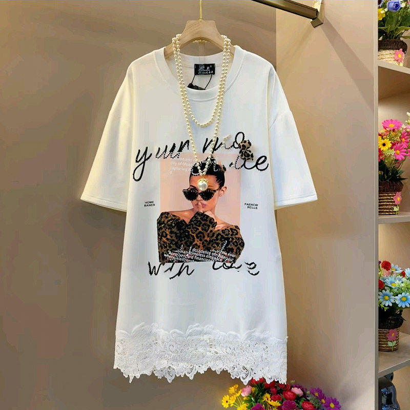 胖妹妹时髦拼接蕾丝花边潮流字母女神短袖T恤衫大尺码女装休闲上
