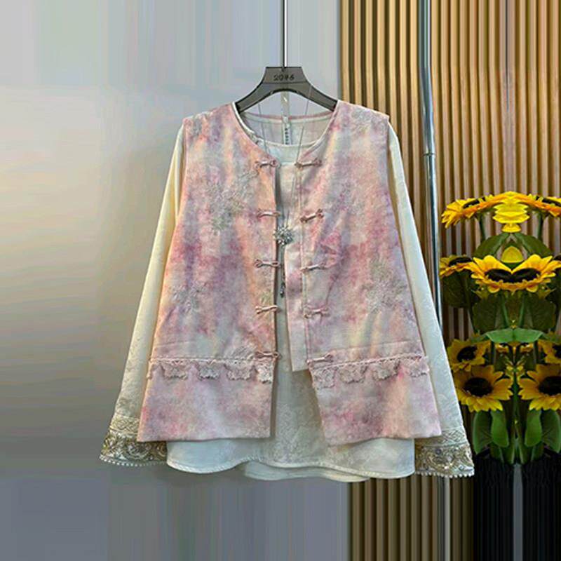 加大码女装盘扣花纹国风马甲胖妹妹法式设计感新中式洋气长袖小衫