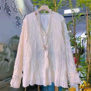 女装 掐褶设计感V领宽松百搭衬衫 春季 欧货时尚 2026新款 胖妹妹大码