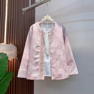 女装 胖妹妹加肥圆领挽袖 大码 气质新中式 洋气上衣 花纹国风外套法式