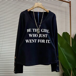 大码女装春季新品轻奢设计感圆领字母长袖T恤宽松百搭气质上衣