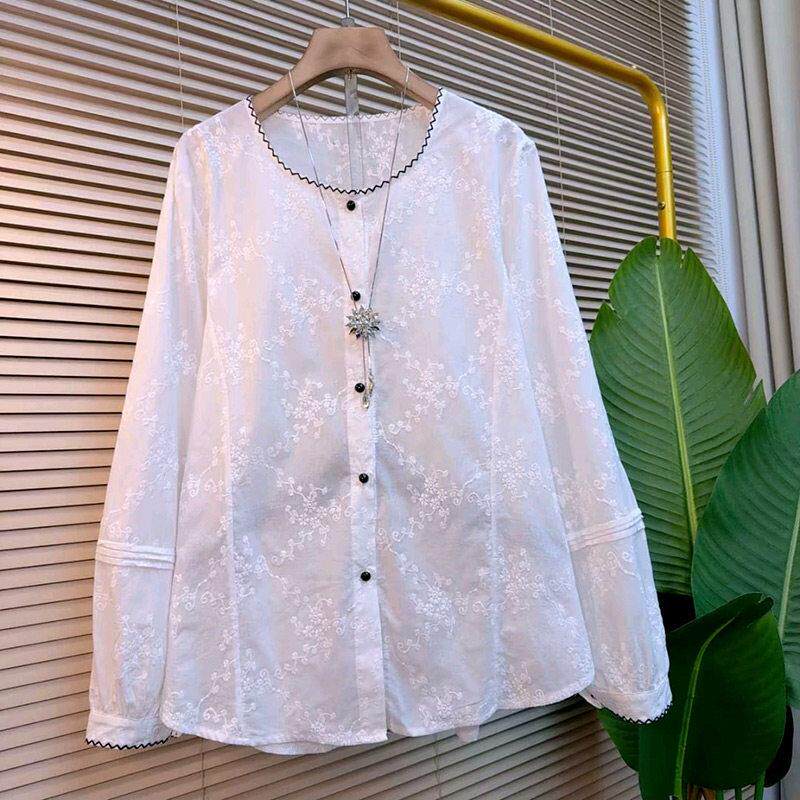 新中式提花刺绣长袖小衫春季新款胖妹妹大码女装甜美气质显瘦上衣
