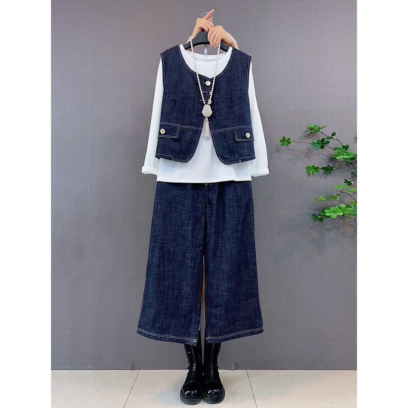 胖妹妹2026春季新款大码女装时尚简约牛仔马甲打底衫阔腿裤三件套