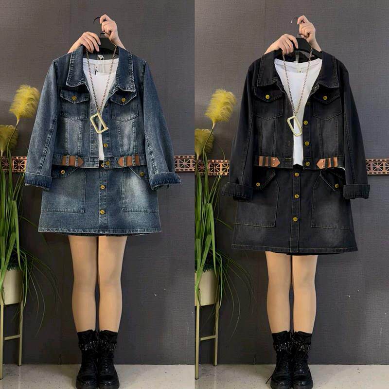 胖妹妹大码女装春季2026新款时尚牛仔外套搭配半松紧腰半裙打底衫