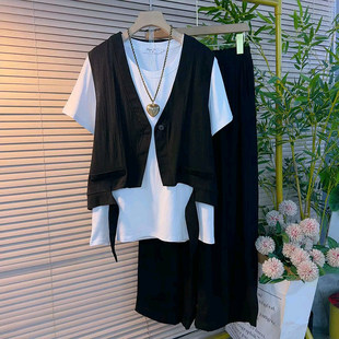 胖妹妹2026夏季新款大尺码女装时尚不等式马甲短袖搭配阔腿裤三件