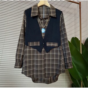 春季新品韩系设计感洋气百搭格子衬衫假两件小众设计气质显瘦衬衣