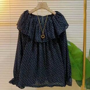 温柔风荷叶边一字领小衫胖mm显瘦长袖波点上衣大码女装气质女人衫