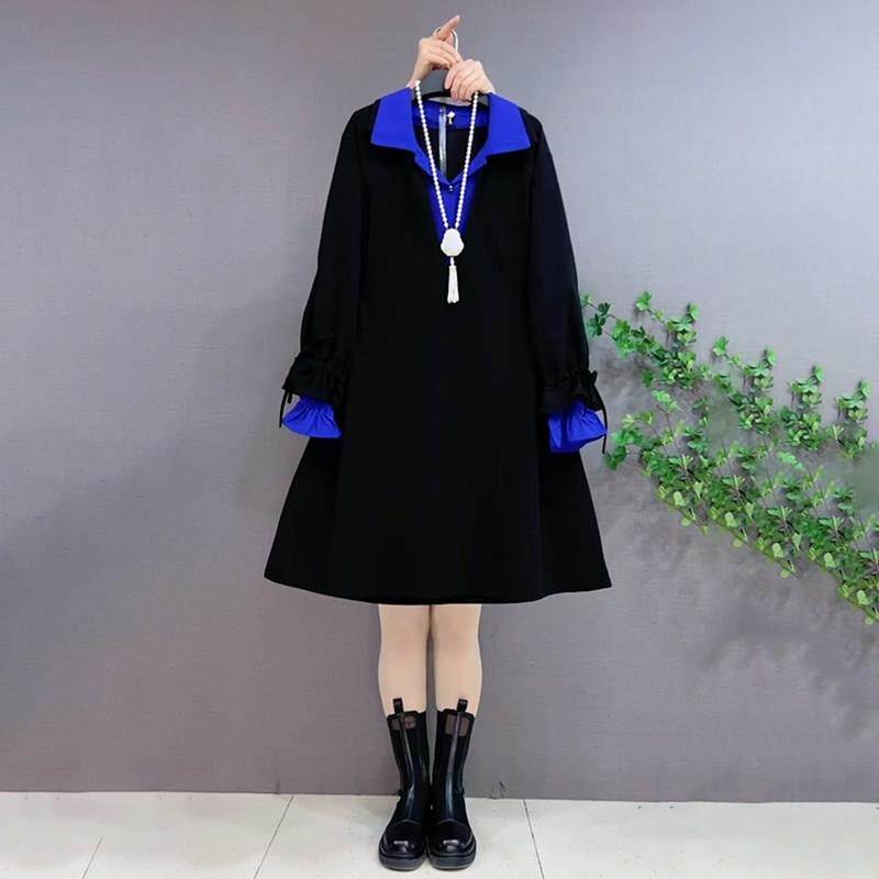 胖妹妹大码女装春季新款时尚假两件拼色系带设计中长款衬衫连衣裙
