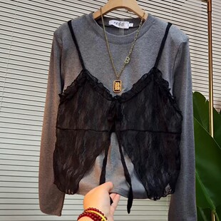 韩版春季新品胖mm洋气拼接蕾丝假两件气质百搭潮流显瘦长袖T恤女