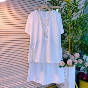 圆领开衩钉珠短袖 时尚 上衣大码 女装 女 2026夏季 百搭显瘦阔腿裤 新款