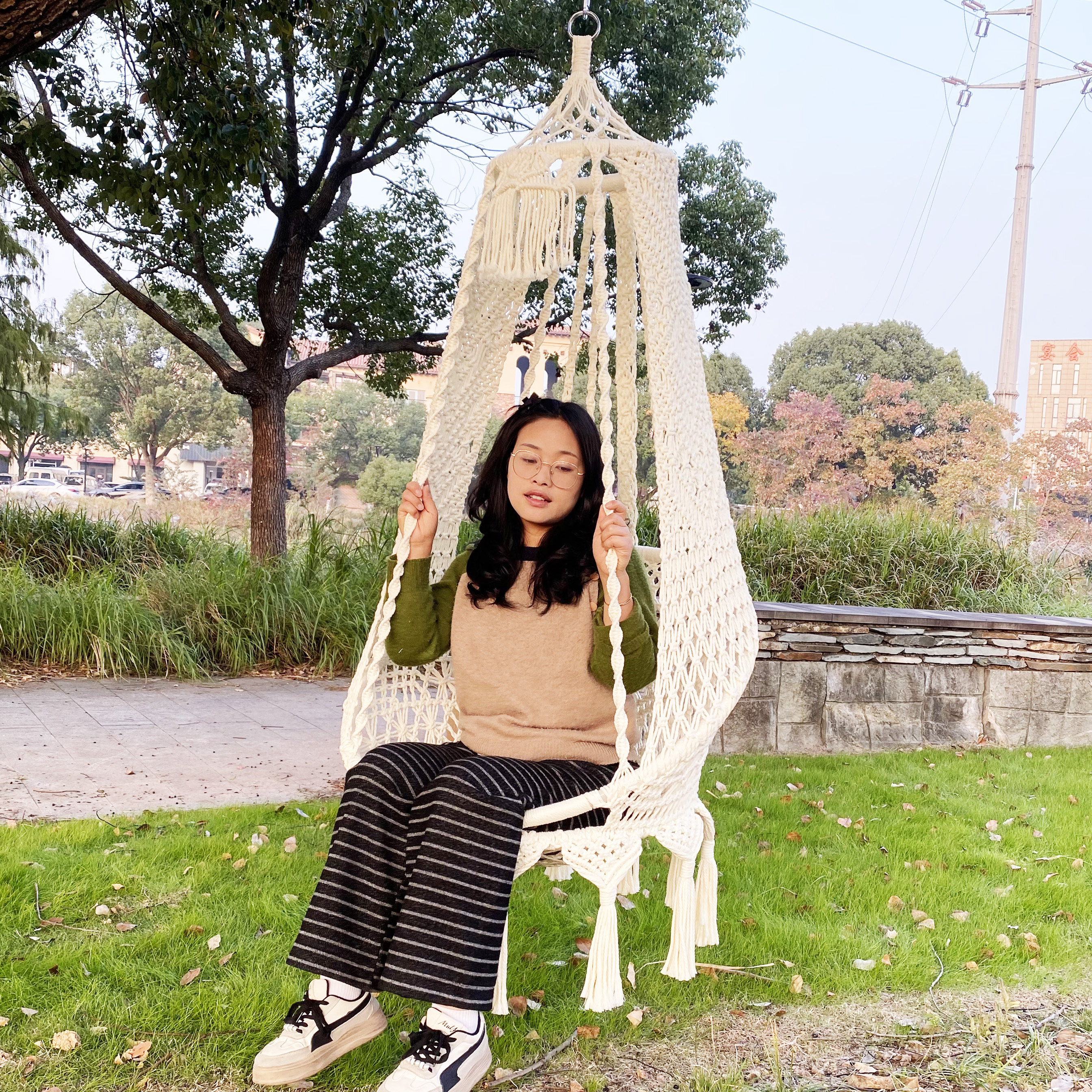 手工编织花园餐厅北欧风绳编吊篮秋千吊椅圆形流苏户外庭院摇摆椅,住宅家具,吊篮/吊椅,淘宝优惠券,粉丝福利购,淘宝优惠卷