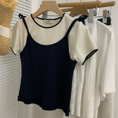 气质假两件宽松显瘦吊带上衣女