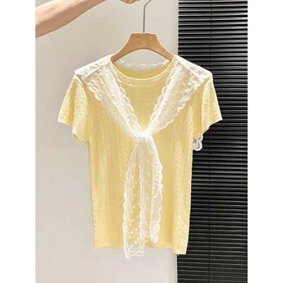 奶黄色薄款镂空针织衫短袖女夏季ins带披肩打底上衣气质高级感T恤