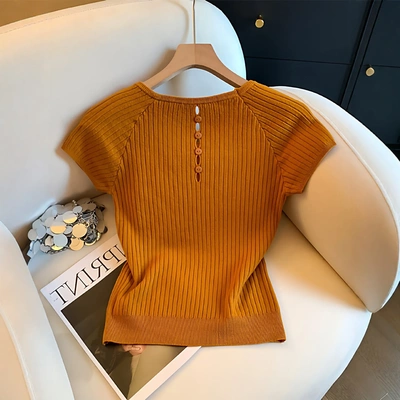 南瓜橘色方领短袖针织T恤衫女夏季2025新款后背镂空纽扣漂亮上衣