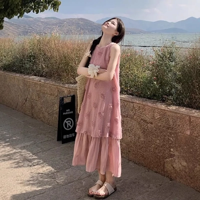 大码胖mm夏季法式复古温柔风假两件百褶无袖背心连衣裙女气质长裙