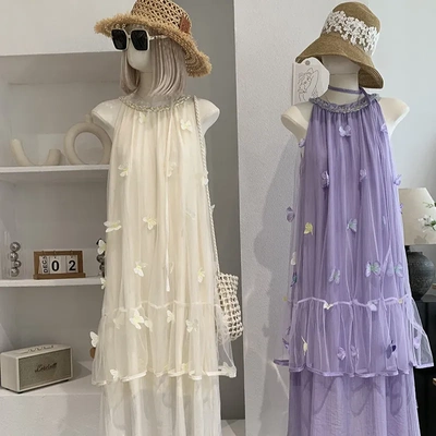 KEKEZOON 法式浪漫蝴蝶无袖挂脖连衣裙海边度假超仙网纱长裙 7343