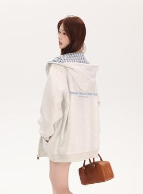 RTYHY 花灰色薄款韩系慵懒风卫衣女秋季格纹拉炼帽衫休闲开衫外套