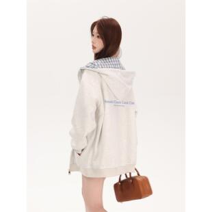 RTYHY 花灰色薄款韩系慵懒风卫衣女秋季格纹拉炼帽衫休闲开衫外套