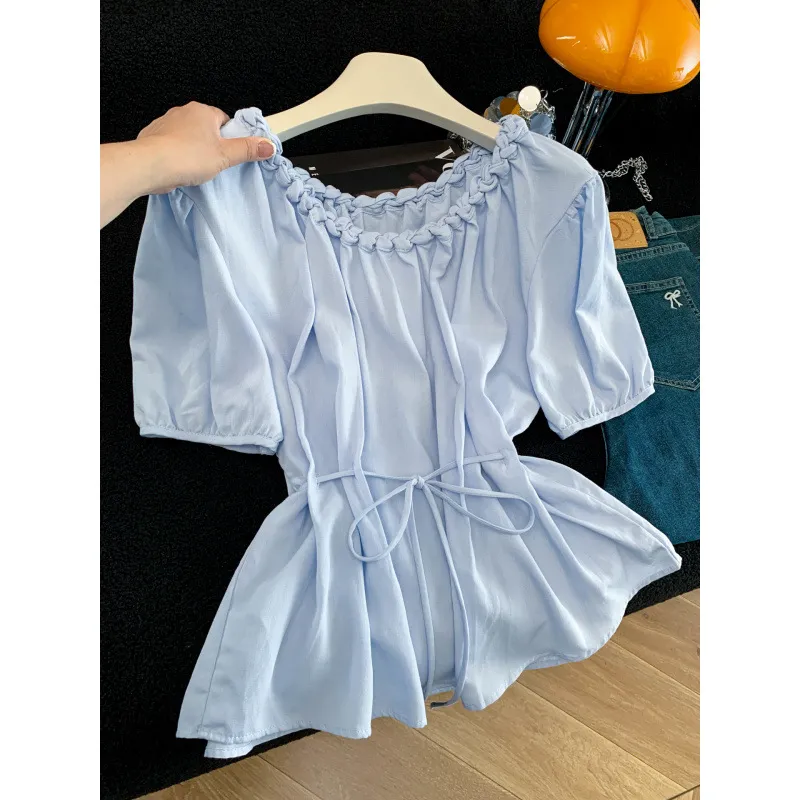 实拍 夏季新款韩版洋气时尚重工麻花领套头短袖衬衫女上衣