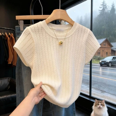 法式镂空冰丝针织短袖t恤衫女2026夏季新款气质小众设计感毛衣潮