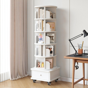 实木旋转书架360度书柜一体靠墙可移动落地客厅儿童置物架新中式