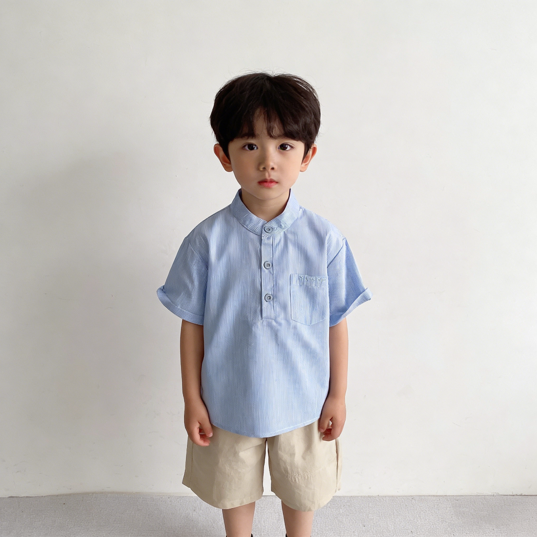男童日系盐系蓝白条纹立领小童短袖衬衫套装衬衫男童夏季休闲套装