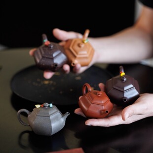 1.29出窑2只-90c六方雅趣方器壶全手工紫泥朱泥原矿紫砂壶