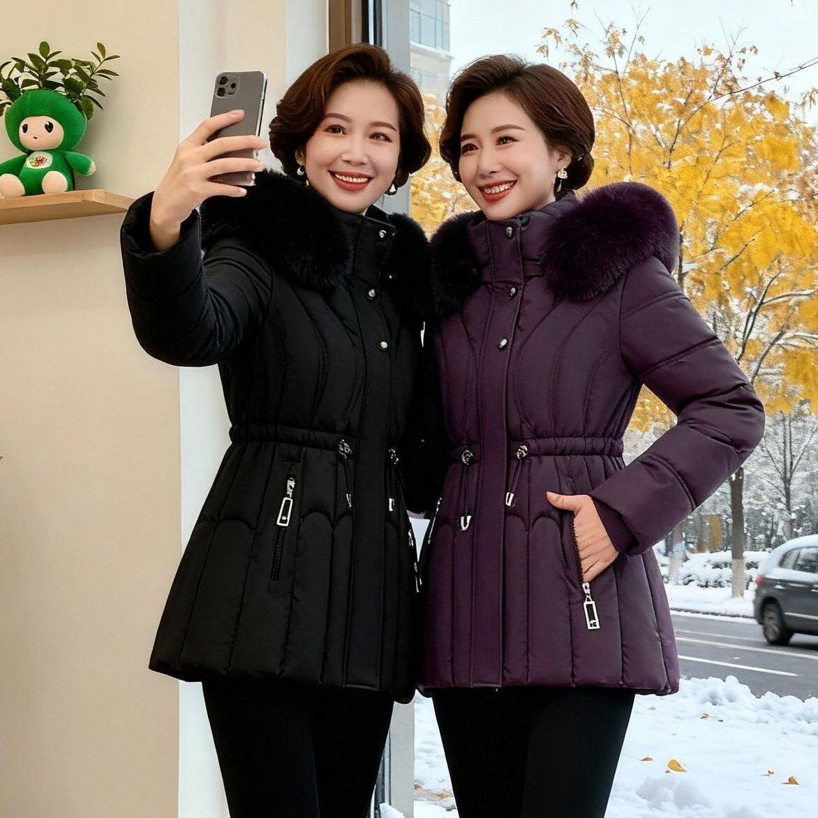 高级颗粒感面料2025冬季毛领短款棉袄收腰抽绳棉服加厚中年女式新