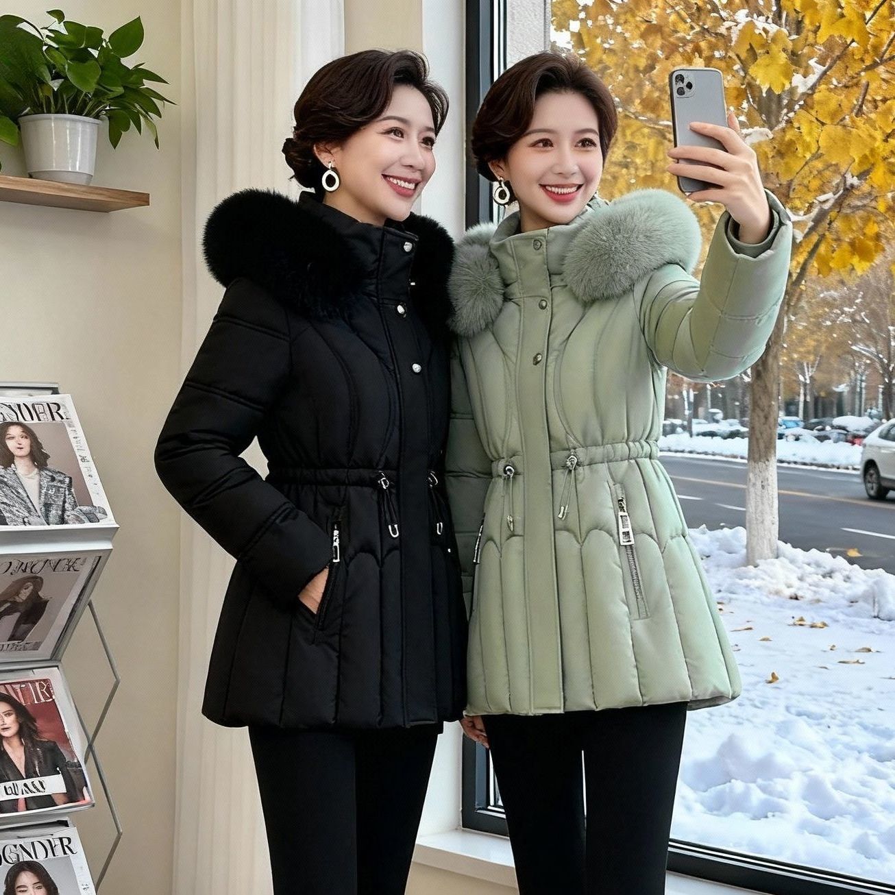 颗粒感面料腰绳毛领短款棉服中年