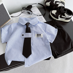 2025新款韩版短袖儿童套装夏季男童小西装衬衫套装小礼服两件套潮