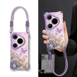 适用华为pura80手机壳pura70新款pura80pro+挂绳80ultra可背P80斜挎p70硅胶huawei挂脖P60女50背包式花朵外壳