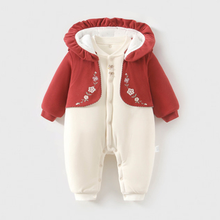 婴儿连体衣260g连帽可拆加厚a类纯棉冬季女宝宝新生儿衣服外出服