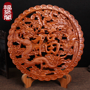 桃木龙凤福字摆件中式实木雕刻挂件客厅圆形龙凤呈祥玄关壁挂摆设