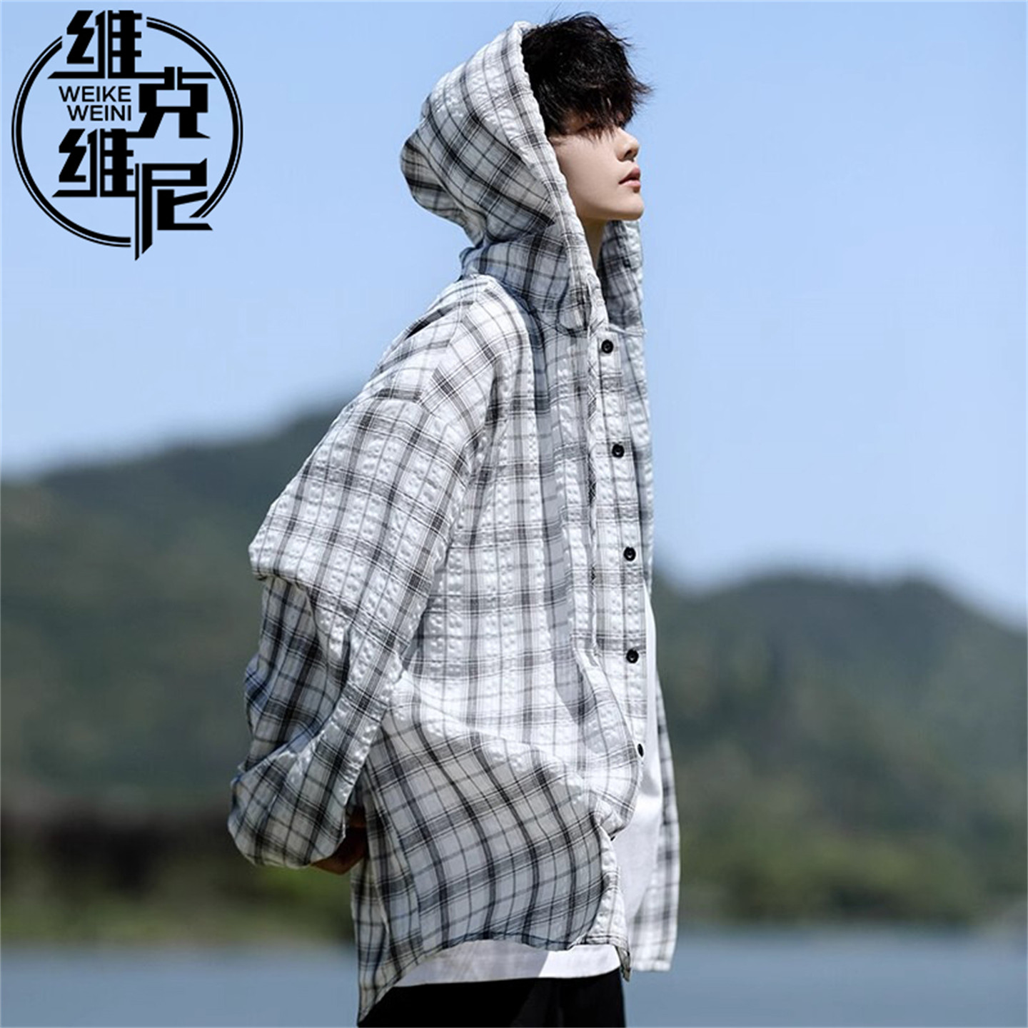 棉麻亚麻连帽防晒衣男士夏季薄款格纹长袖衬衫大码宽松高级感外套