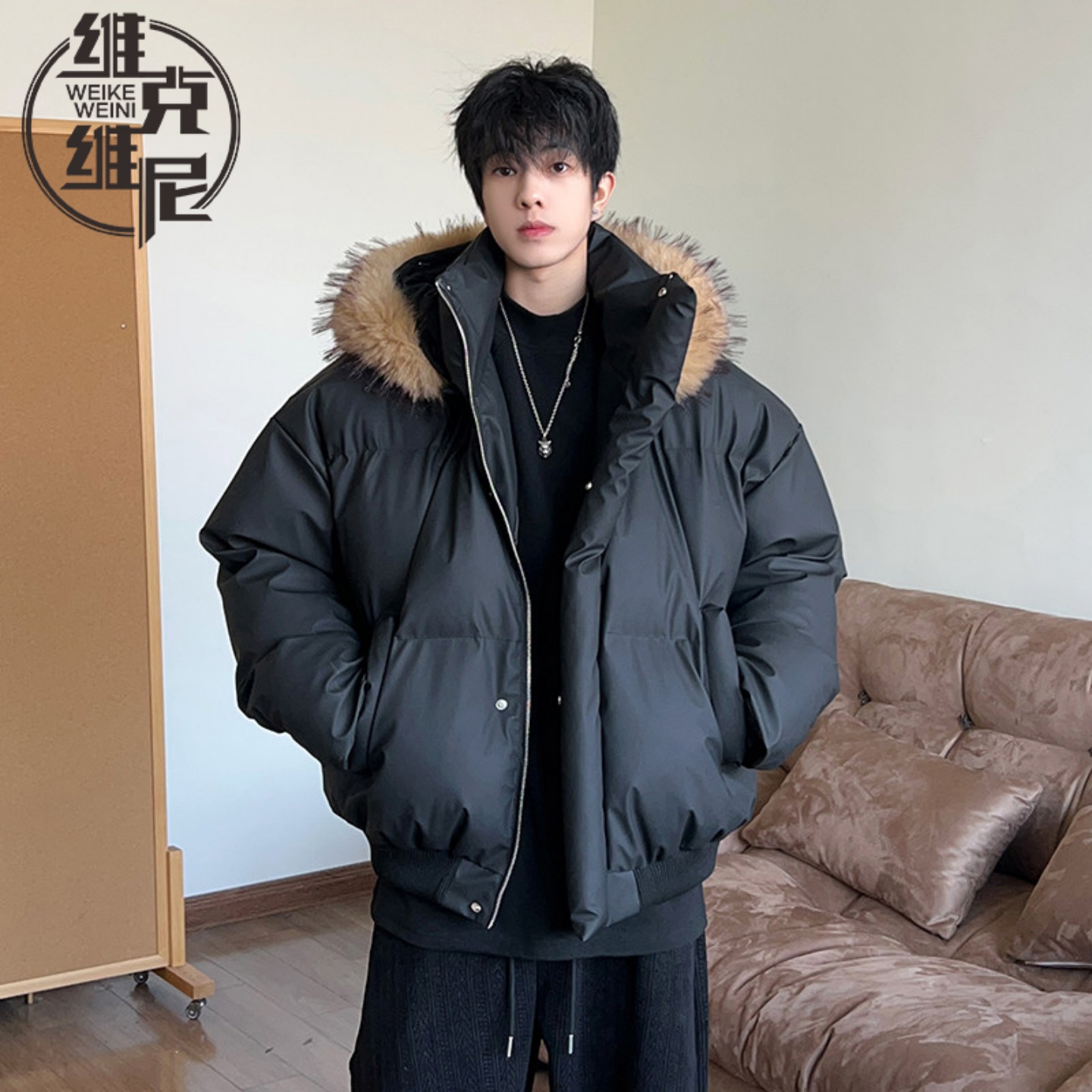 美式毛领羽绒服男士2025冬季新款潮牌潮流休闲帅气高级感PU皮外套