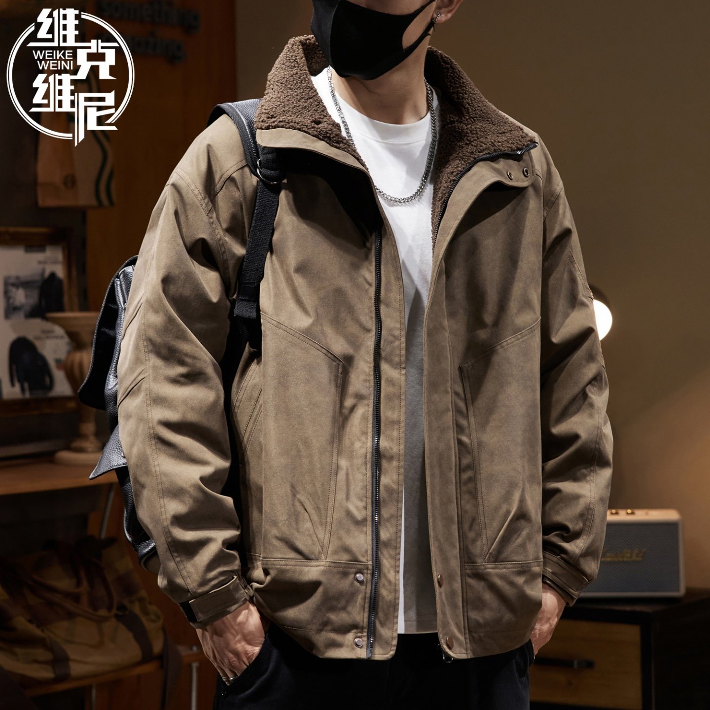 羊羔绒棉衣外套男士秋冬季美式潮牌复古休闲工装夹克加绒加厚棉服