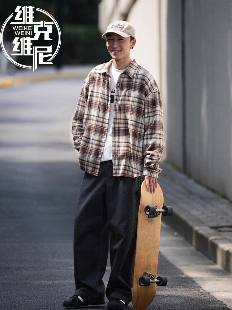 格子衬衫外套男士2025年春秋季新款美式潮牌覆古休闲纯棉宽松衬衣