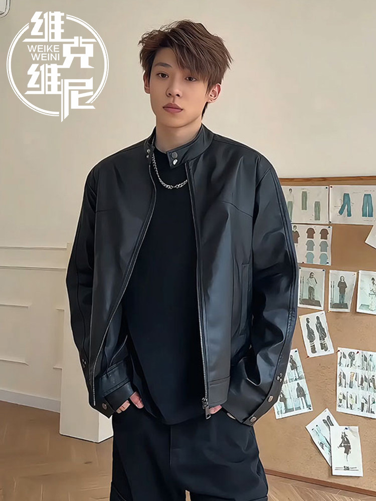 皮衣夹克外套男秋季美式高级感立领棒球服潮牌痞帅宽松机车服上衣