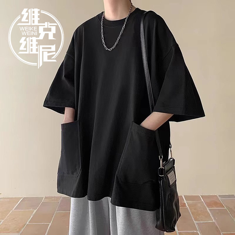 美式复古工装短袖t恤男夏季薄款潮牌痞帅大码宽松七分袖纯棉上衣