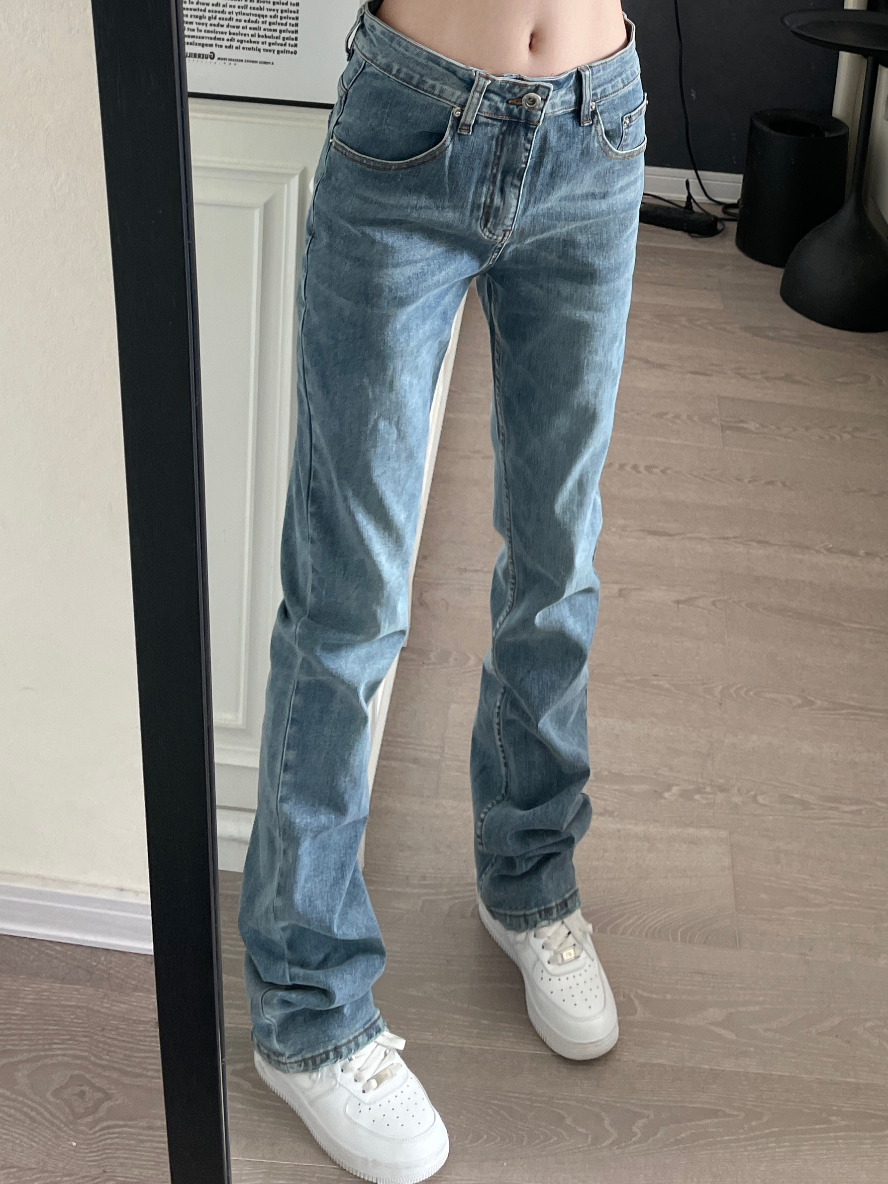 9002up美式高街直筒修身水洗蓝牛仔裤潮牌弹力垂坠感裤子潮流男女