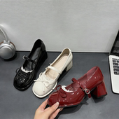 女粗跟高跟2026春季 新款 一字扣带小皮鞋 蝴蝶结浅口玛丽珍单鞋 单鞋