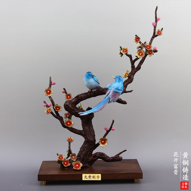 黄铜花开富贵喜鹊喜上眉梢装饰摆件双喜临门居家客厅铜工艺品