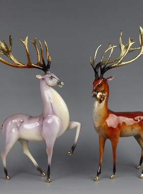 新中式铜鹿摆件客厅玄关灵芝黄铜鹿工艺品一路高升北欧家装饰品