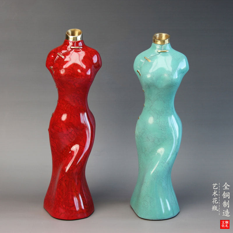 旗袍艺术花瓶铜摆件干花瓶家居办公室铜工艺品桌面铜装饰铜器摆件