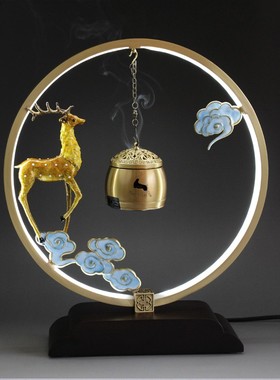 带灯生财有鹿音乐铜香炉蓝牙熏香吊炉中式复古工艺品摆件礼盒装