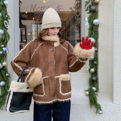 OneSession 韩系巨好看麂皮绒羊羔毛外套女小个子棕色美拉德夹克