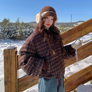 OneSession 圣诞穿搭红色格子羽绒服短款女冬季新款针织领外套