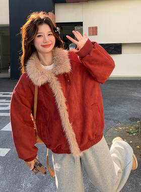 OneSession 过年红色派克羽绒服内胆冬麂皮绒座山雕毛毛机车外套