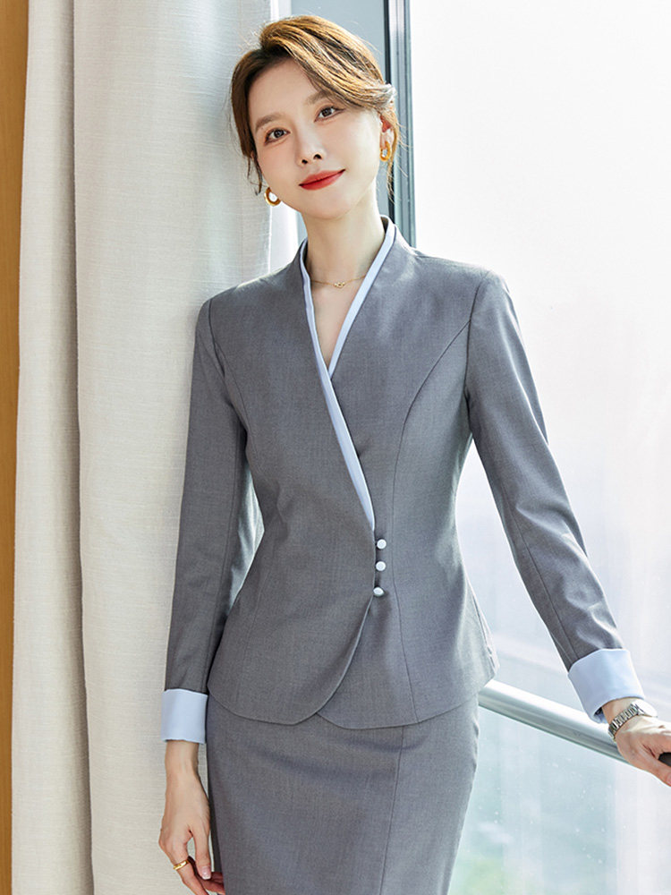 灰色西装套装女春秋2026新款气质美容院珠宝店工装酒店前台工作服