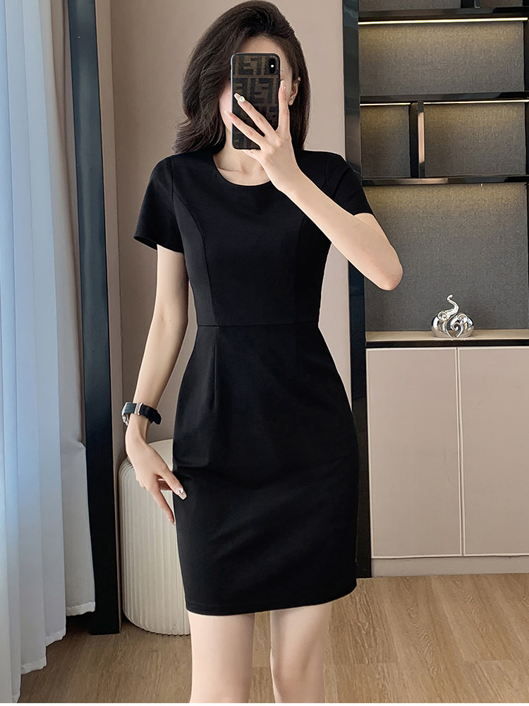 黑色短袖连衣裙女2026新款夏季职业正装工作服珠宝店金店工装裙子